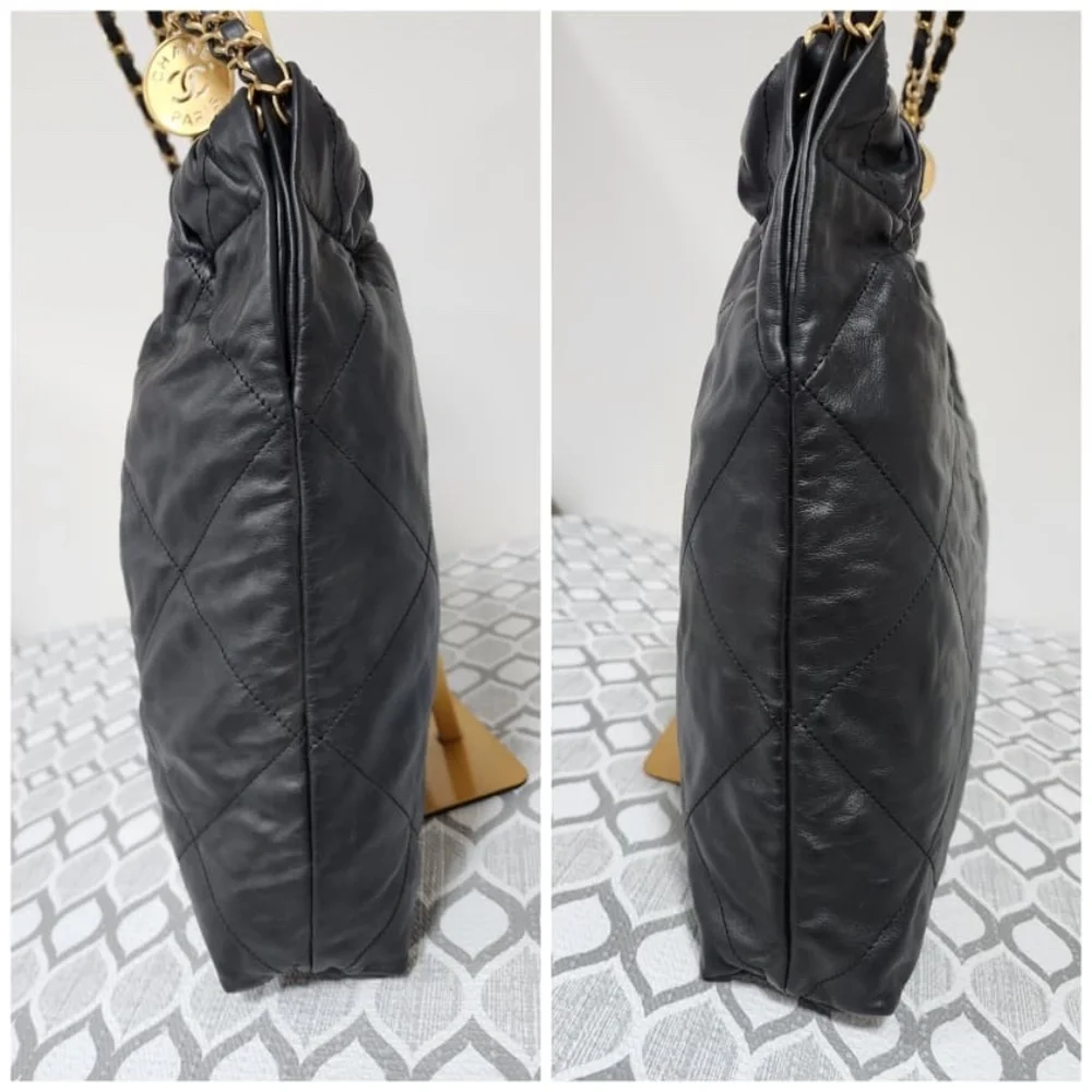 Authentic CHANEL Quilted Shiny Calfskin Leather 22 Hobo Bag Black
